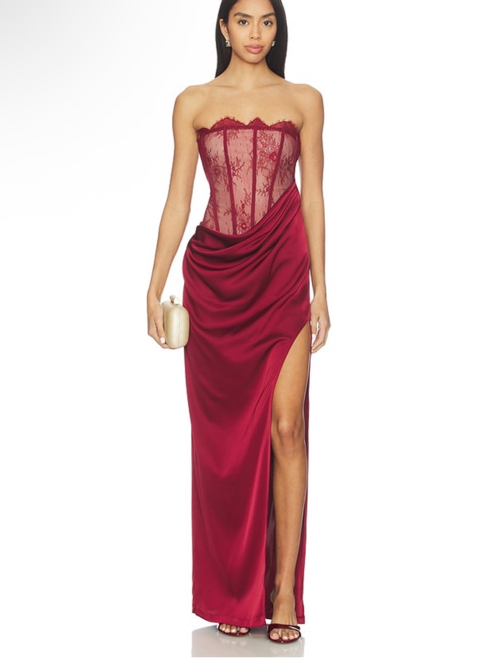 NBD Strapless Lace Corset Satin Gown in Burgundy